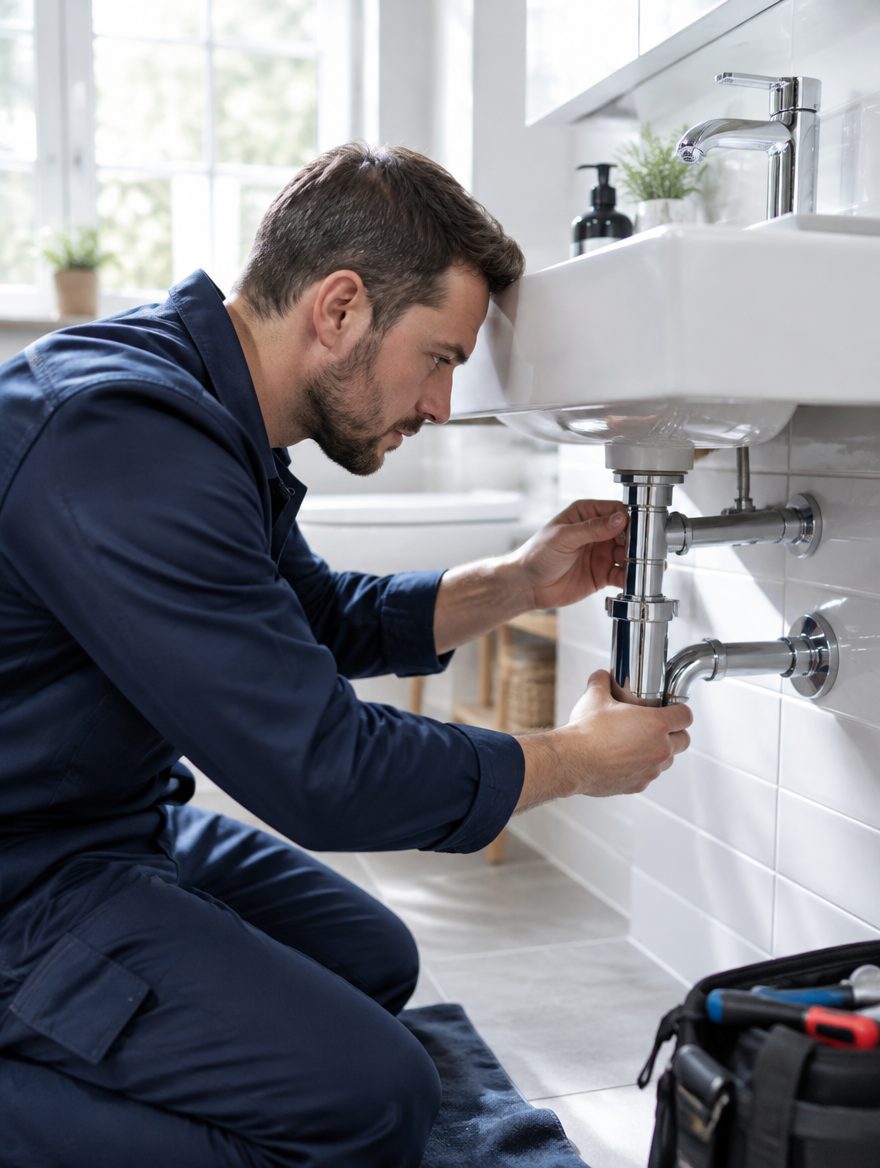 Plumber fitting pipework under a bathroom basin