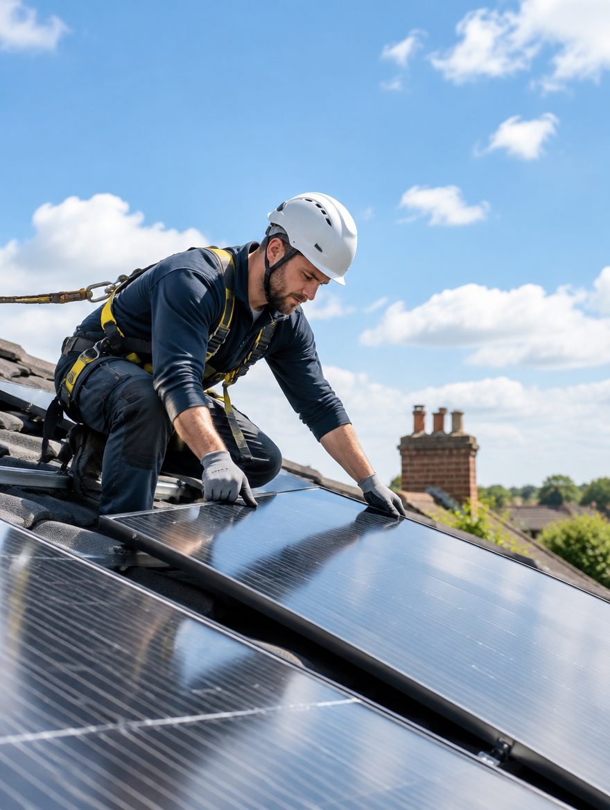 Solar installer fitting panels on a roof